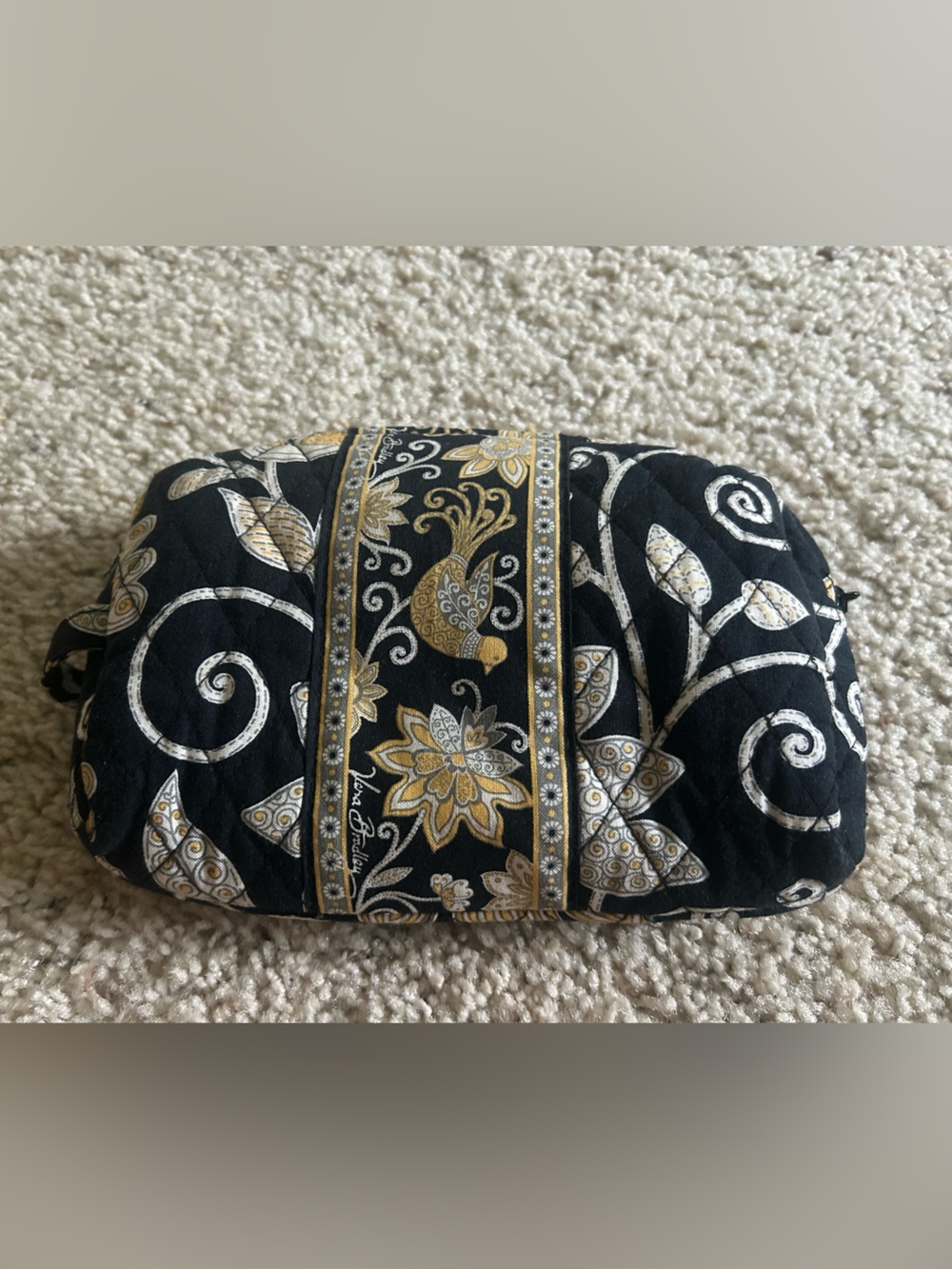 Vera Bradley Black, Gold and White Birds and Leaves Quilted Makeup Bag